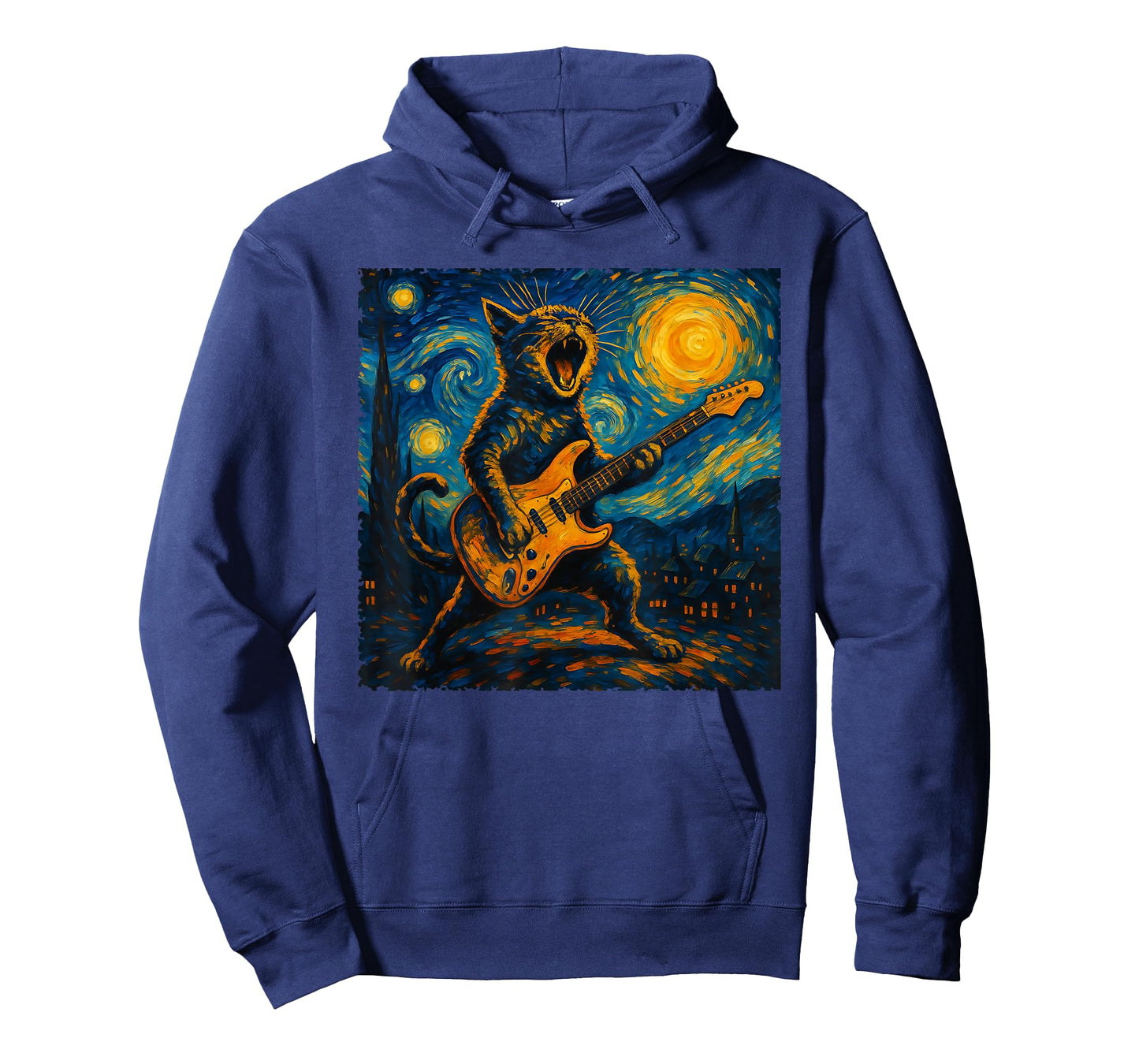 Funny Cat Playing Guitar Starry Night Van Gogh Rock and Roll T-Shirt