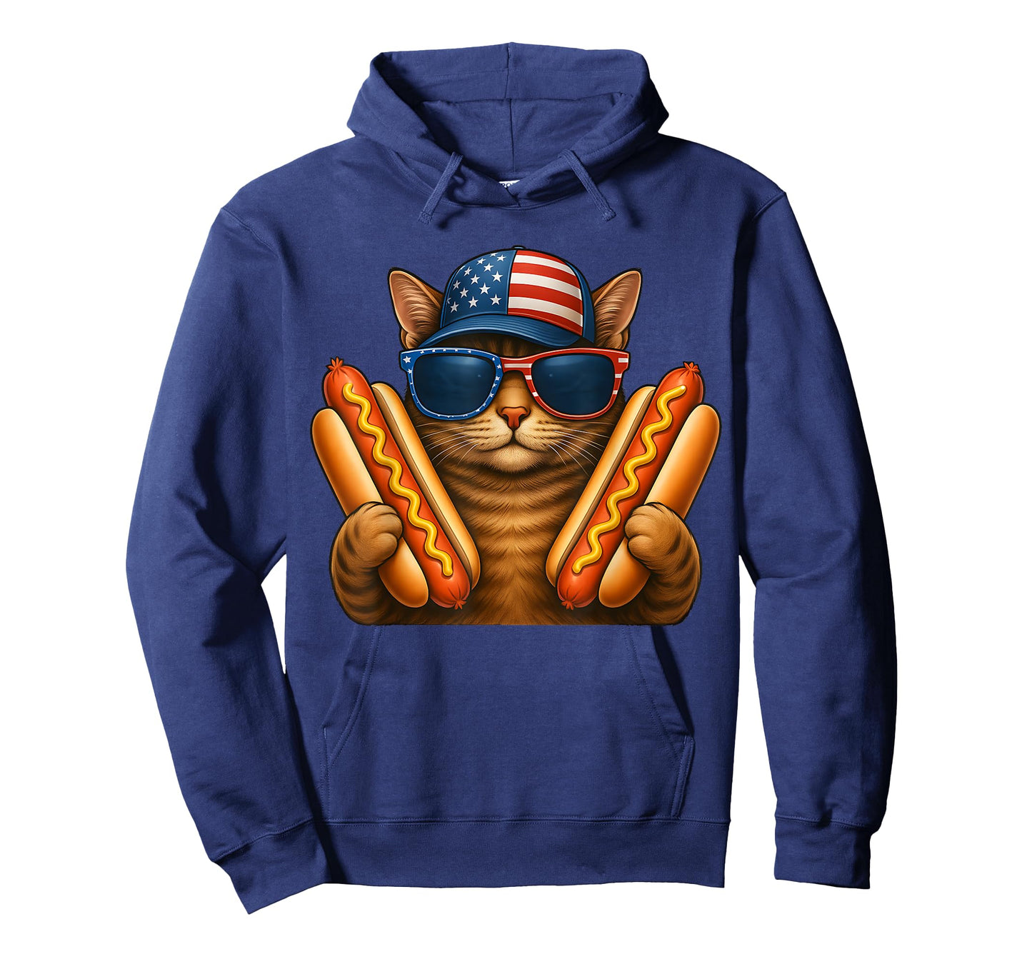 Cat with American Flag in a Hat and Hotdog for 4th of july Men Women Kids T-Shirt