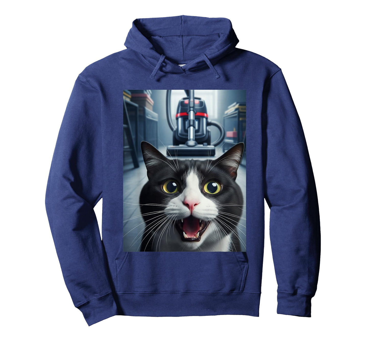 Funny Tuxedo Cat Selfie with Vacuum Chase Meme T-Shirt