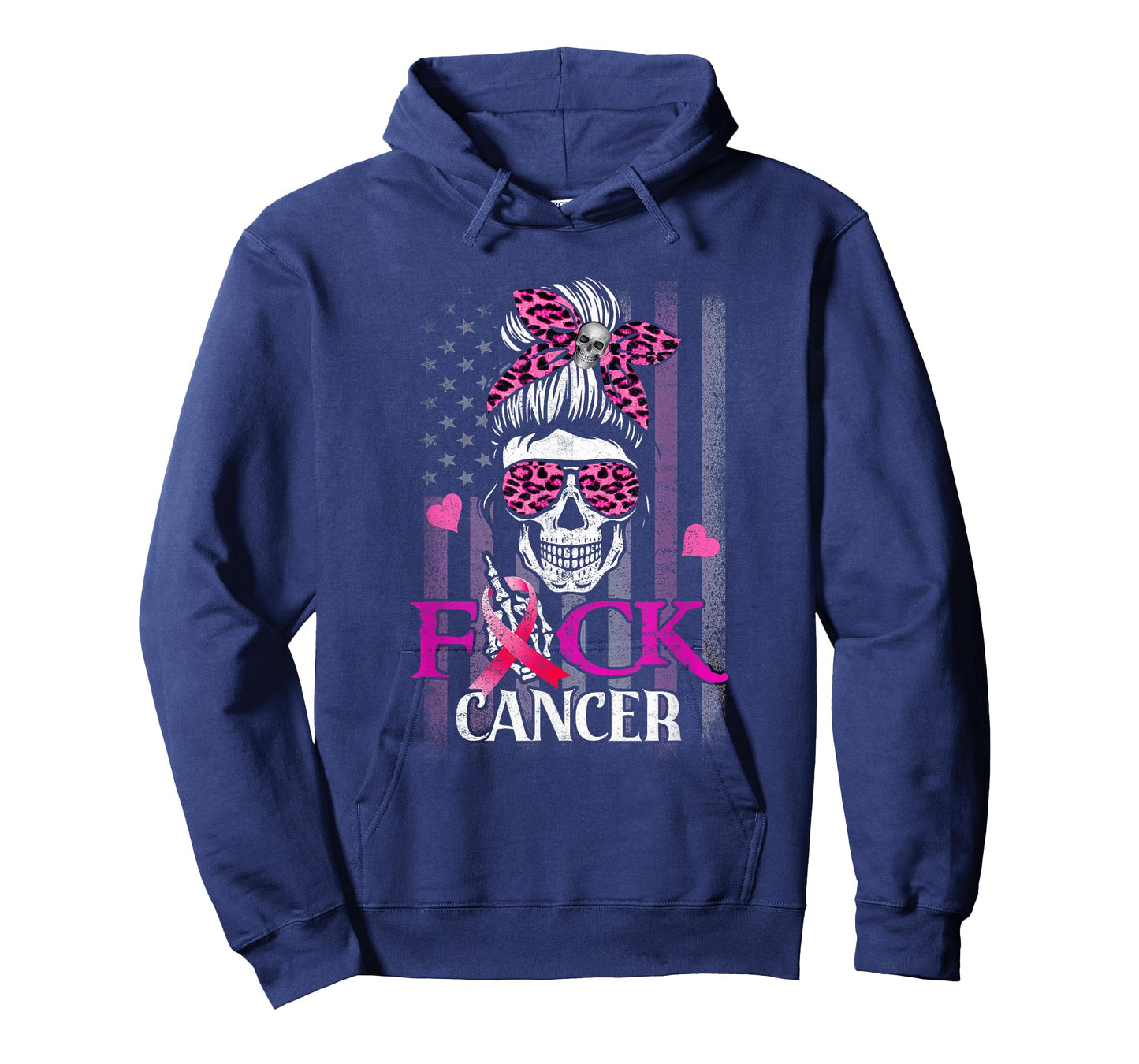 Messy Bun Skull Breast Cancer Awareness Fuck-Cancer USA Flag T-Shirt