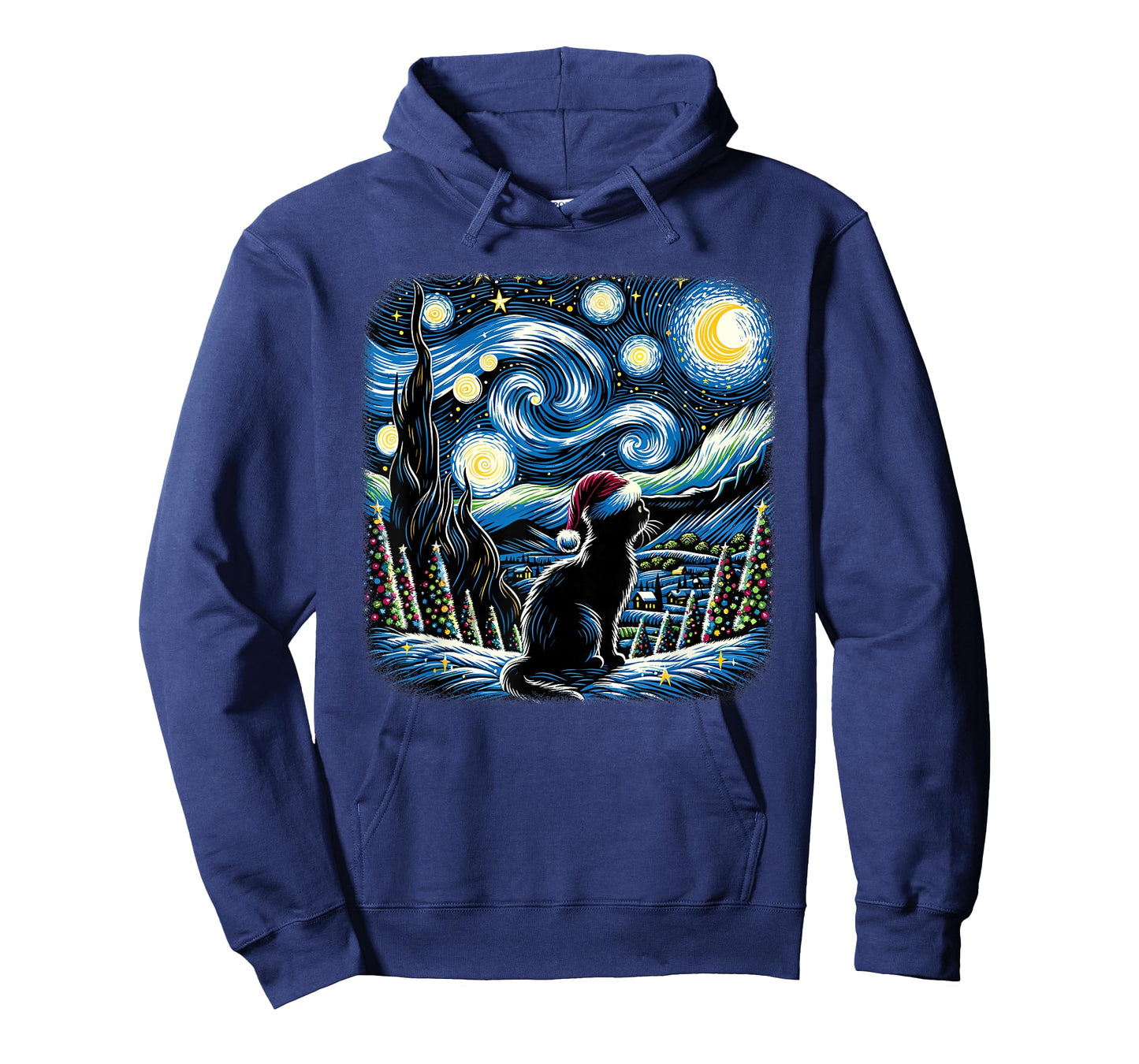 Van Gogh Starry Night Festive Christmas Black Cat Santa Hat T-Shirt