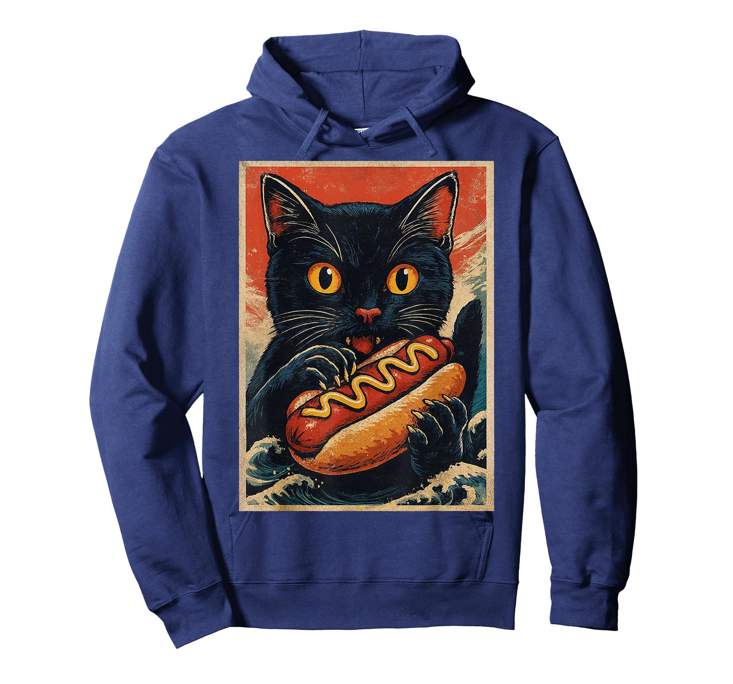 Funny Black Cat Eating Hot Dog Retro Japanese T-Shirt
