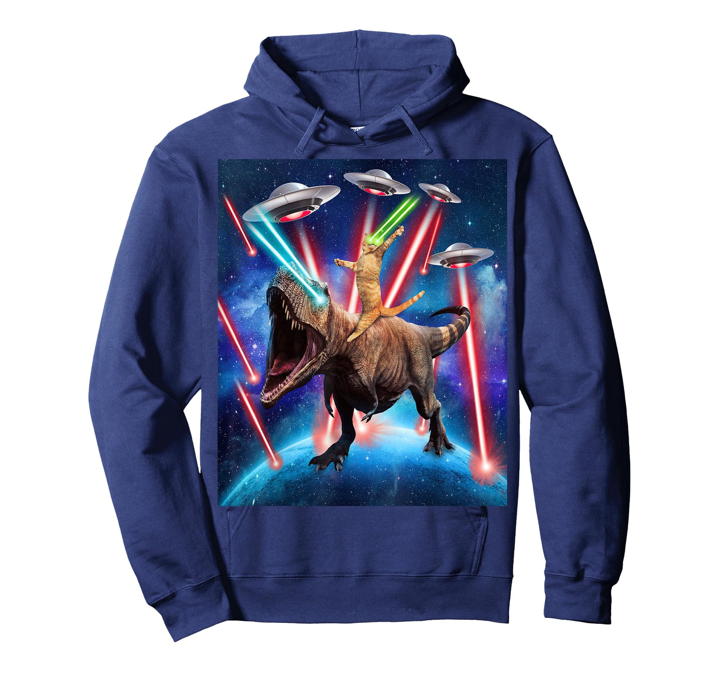 Space Cat Riding Dinosaur T rex Laser Eyes UFO Funny Cat T-Shirt