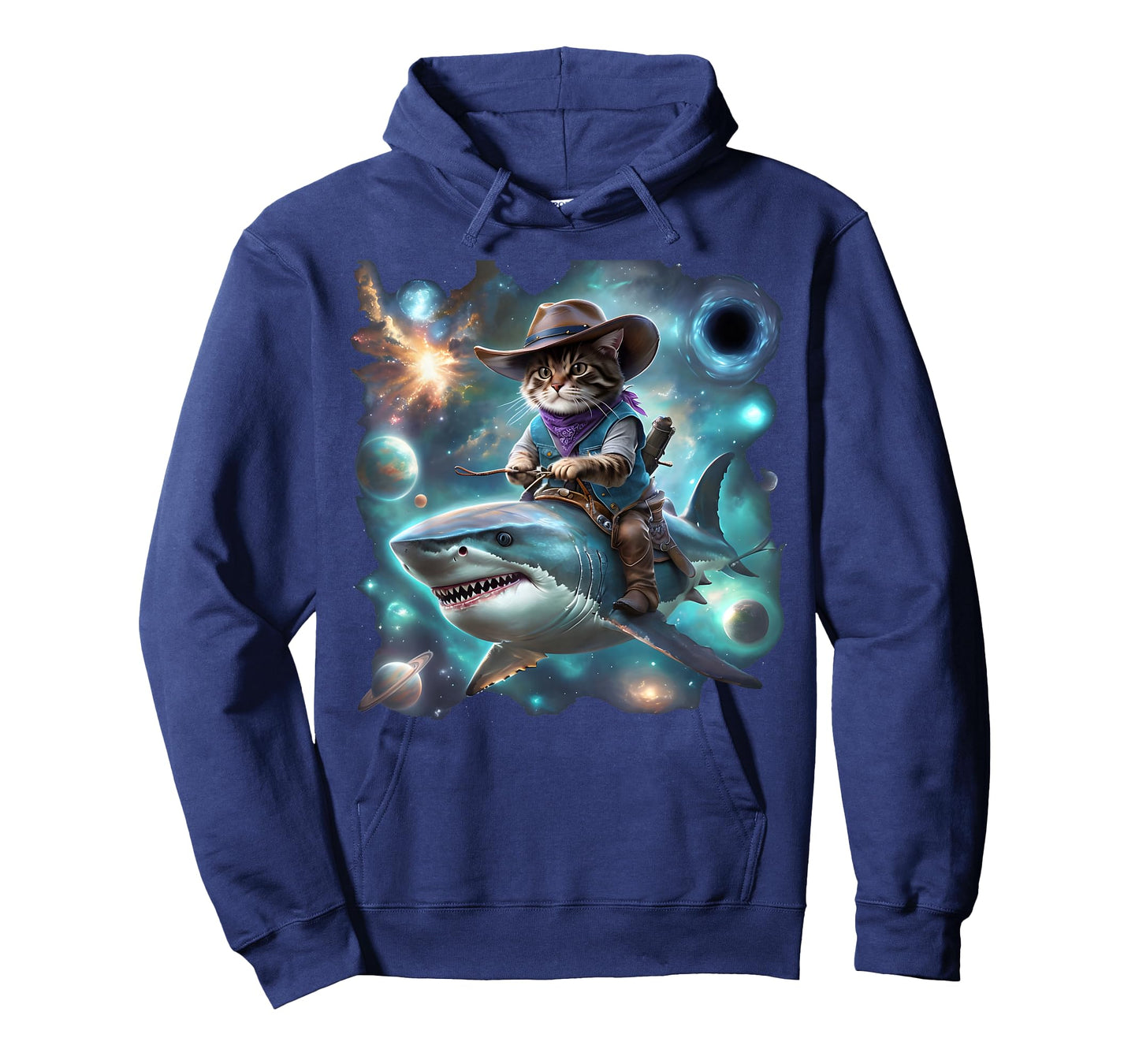 Cat Riding Shark Rainbow Galaxy Cat Cowboy Shark Humor T-Shirt