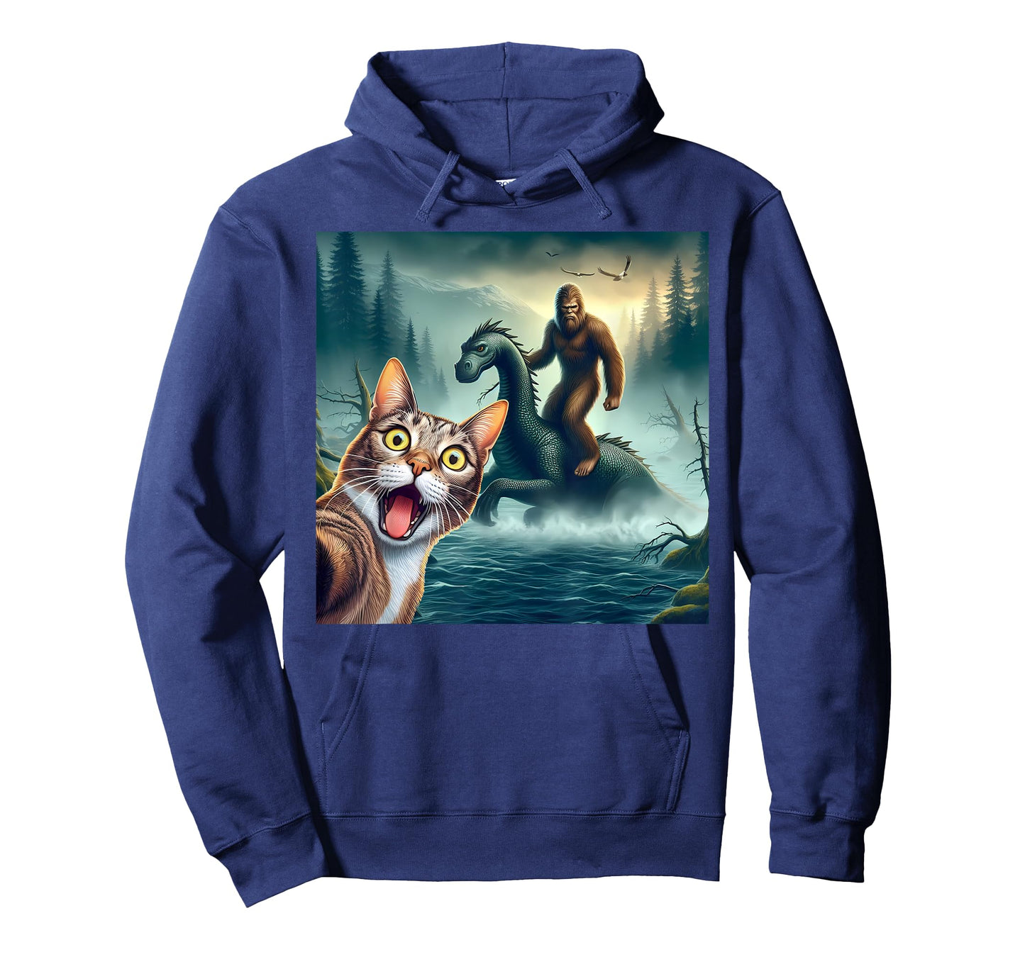 Cat Selfie bigfoot riding loch Ness monster surprised cat T-Shirt for Men Women Kids