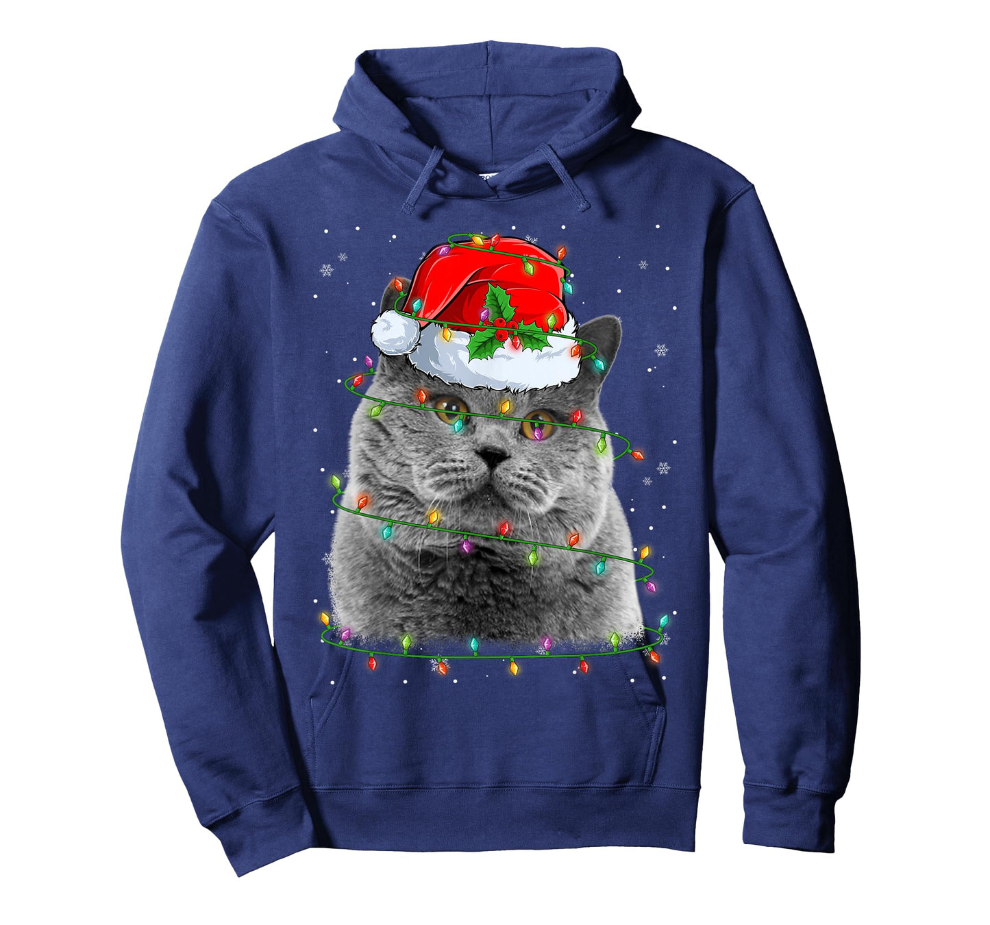 Funny British Shorthair Cat Santa Hat Christmas Tree Lights T-Shirt
