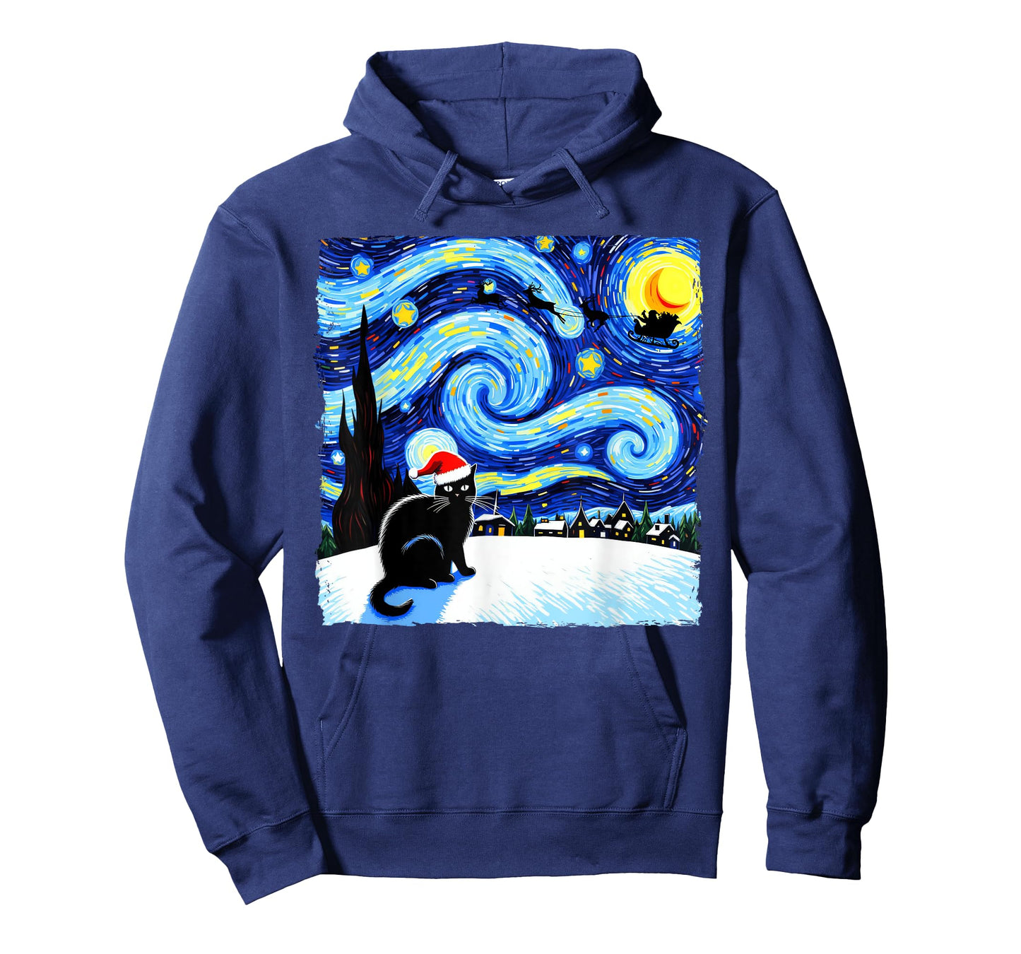 Funny Christmas Black Cat Santa Hat Starry Night Style T-Shirt