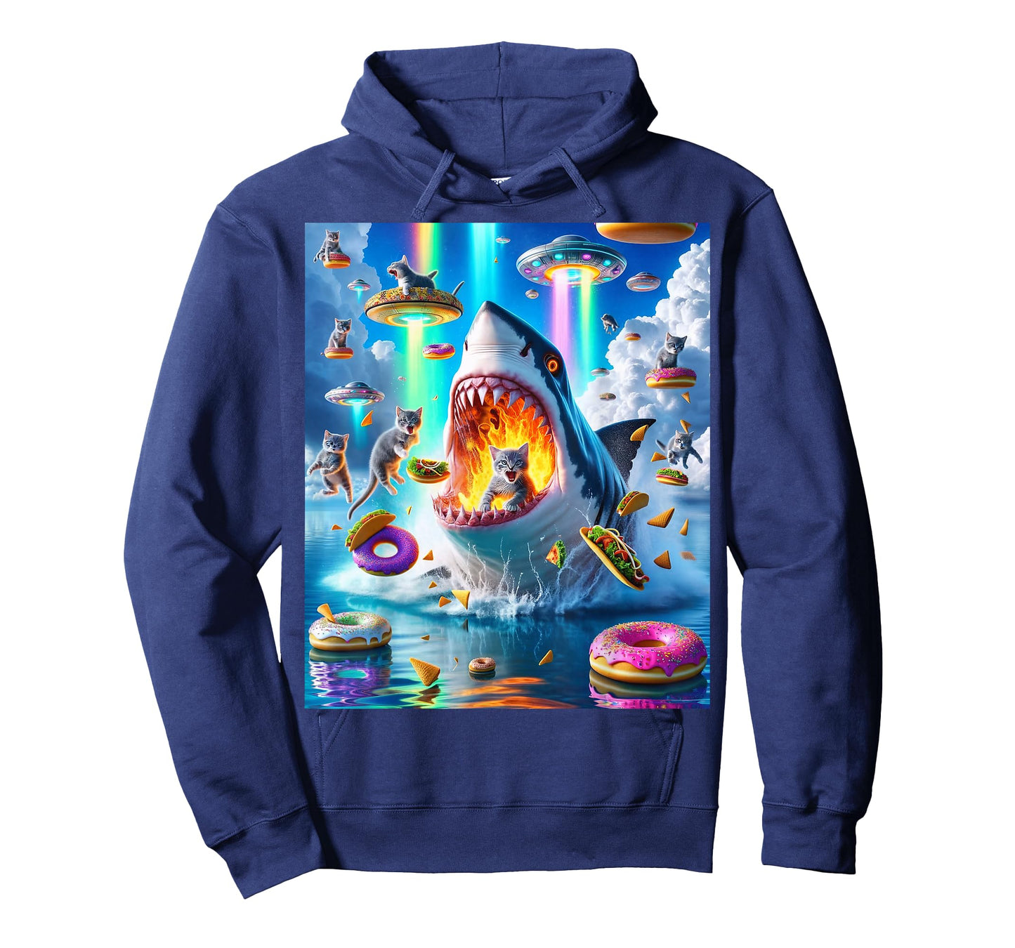Cat Kitty Riding Fire Breathing Shark Rainbow Laser Taco T-Shirt