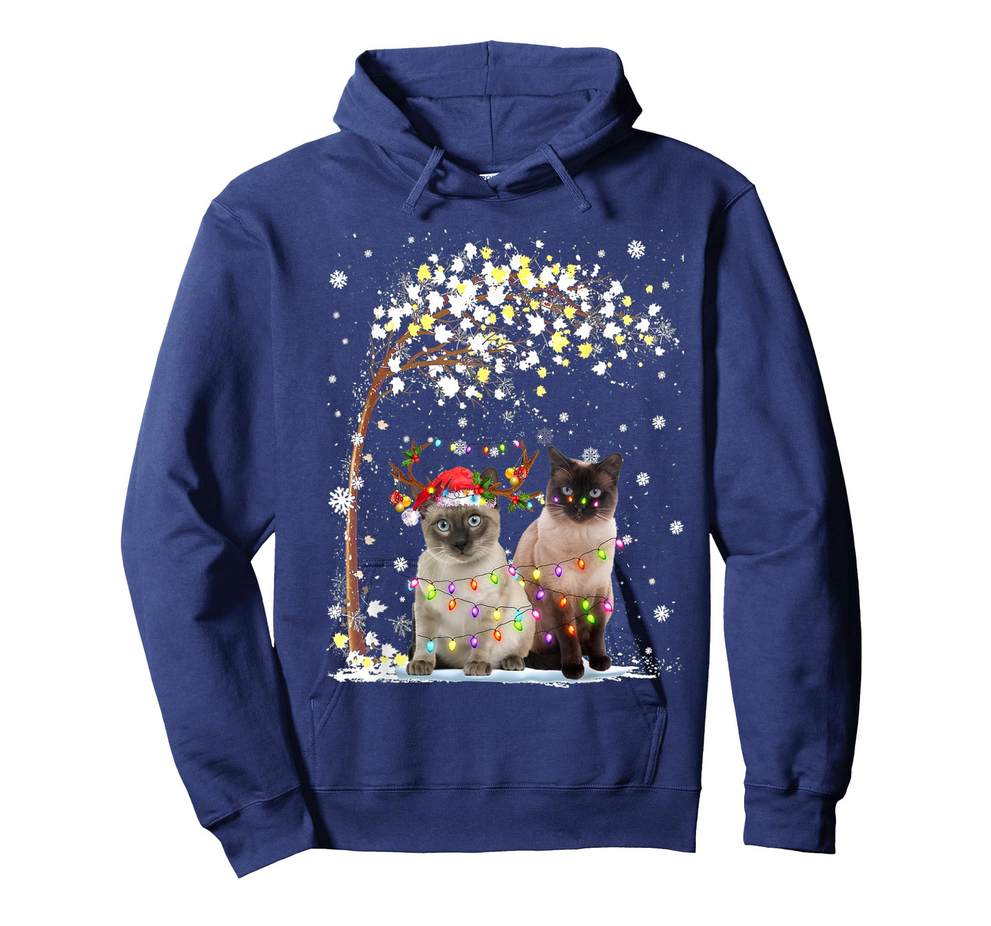 Siamese Cat Reindeer Hat Santa Christmas Tree Funny Xmas Men Women T-Shirt