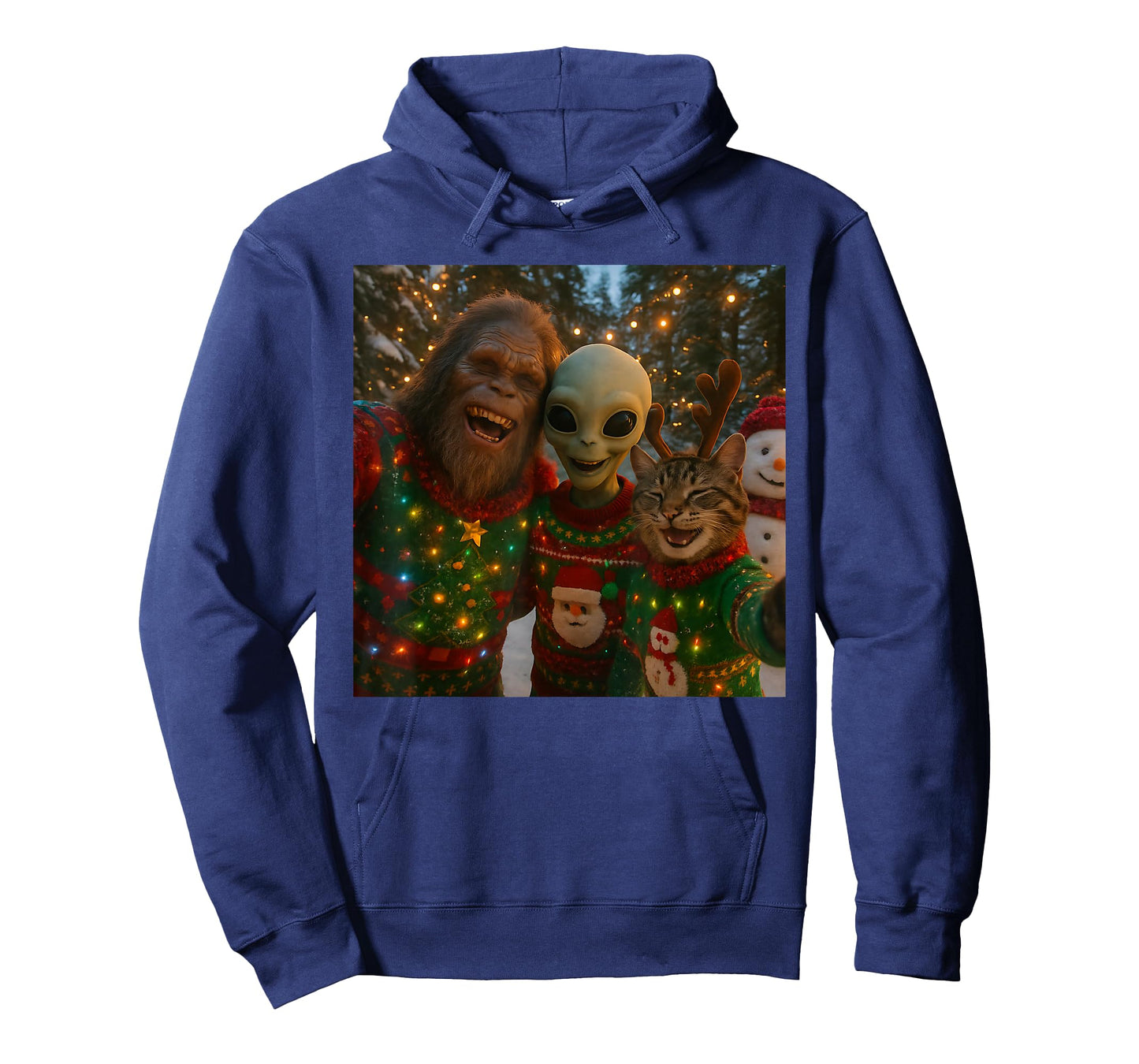 Funny Christmas Cat Selfie with Bigfoot Alien Ugly Sweater T-Shirt