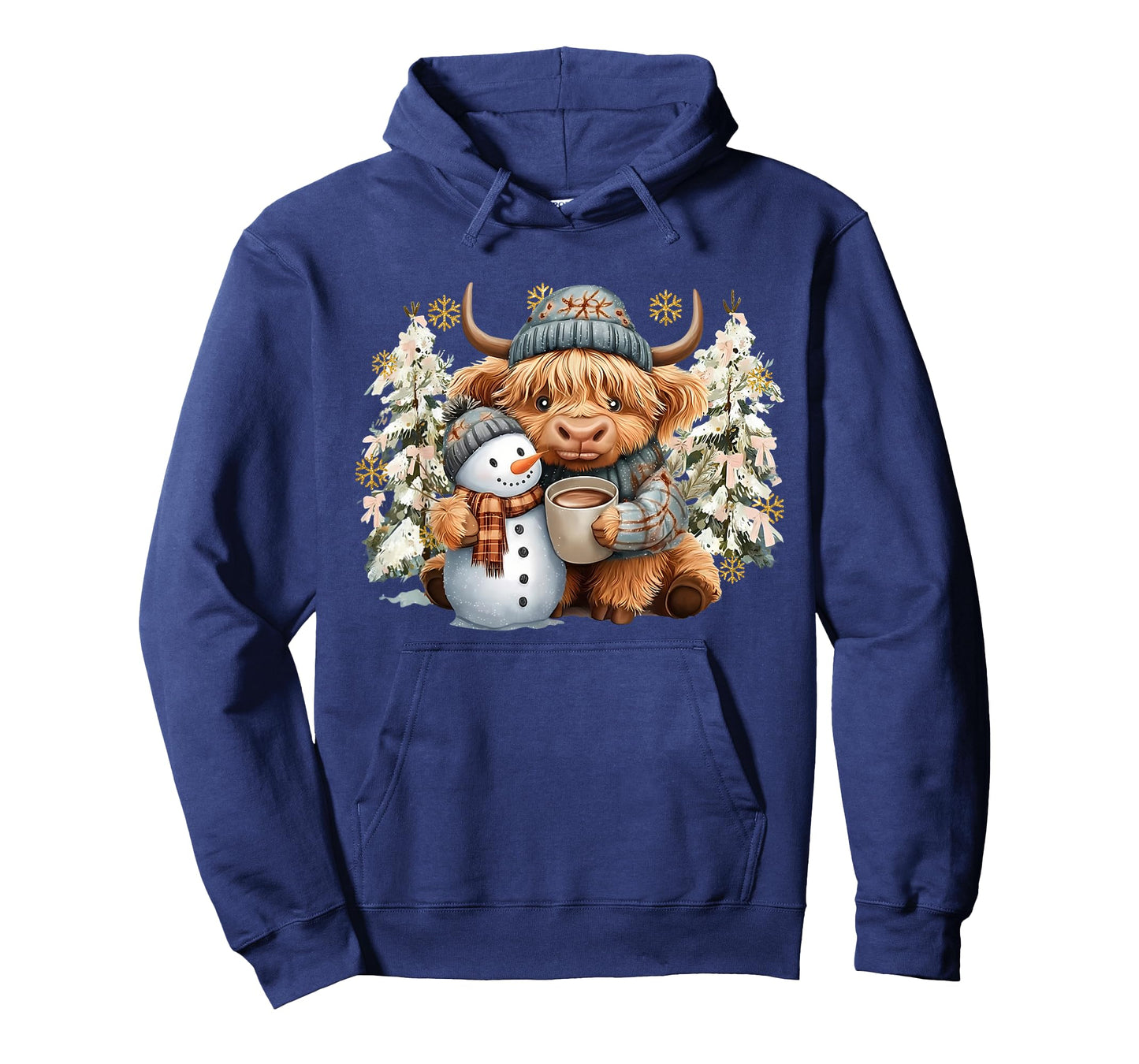 Cute Highland Cow with Snowman Hot Cocoa Christmas Trees T-Shirt