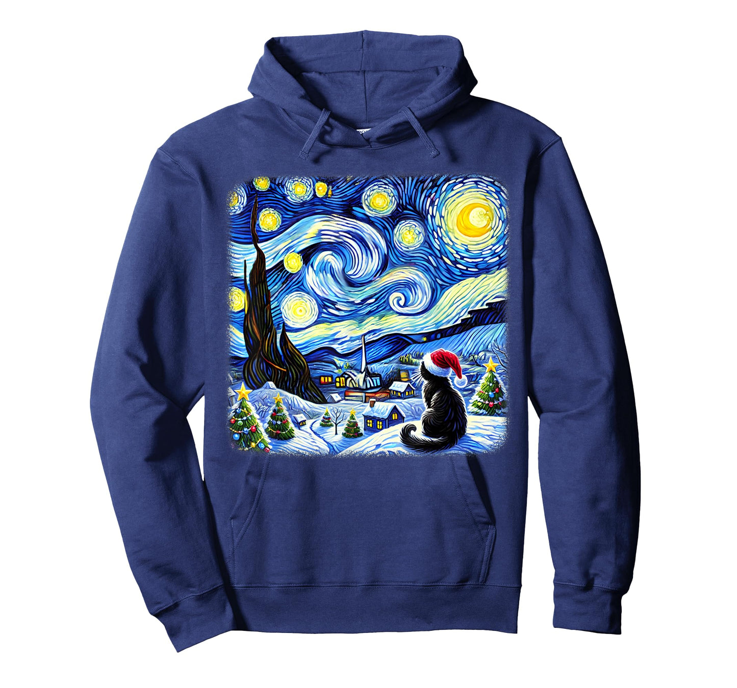 Christmas Van Gogh Starry Night Black Cat Santa Hat Xmas T-Shirt
