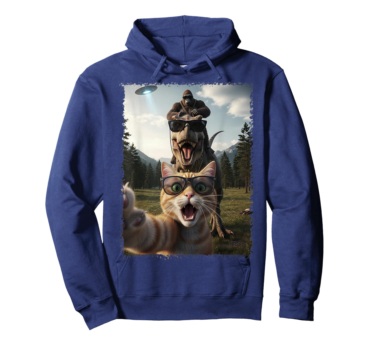Funny Cat T-Rex Bigfoot Design UFO Selfie T-Shirt
