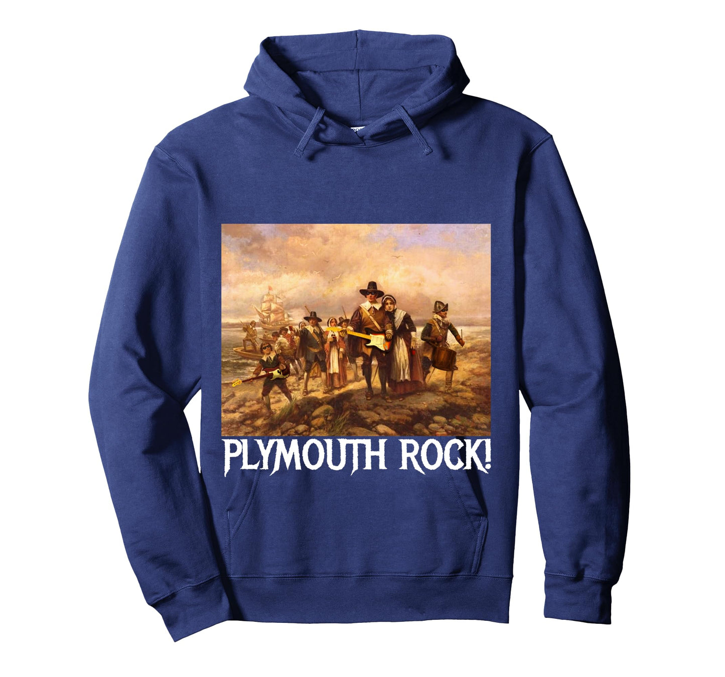 Plymouth Rock! Thanksgiving Pilgrims Rocking Guitars & Drum Long Sleeve T-Shirt