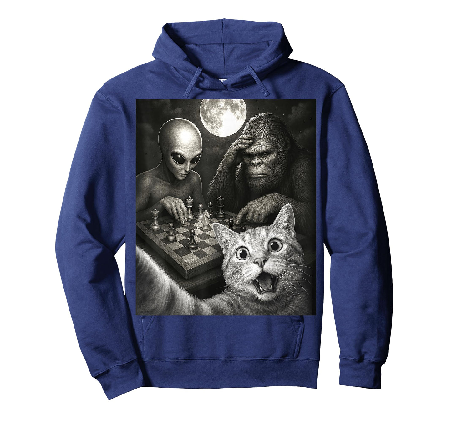Funny Cat Selfie with a Bigfoot Playing Chess With Alien T-Shirt