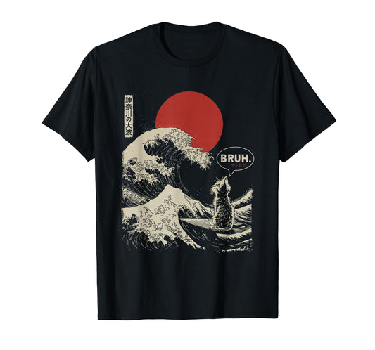 "BRUH." The Great Wave Kanagawa Funny Japanese Surfing Cat T-Shirt