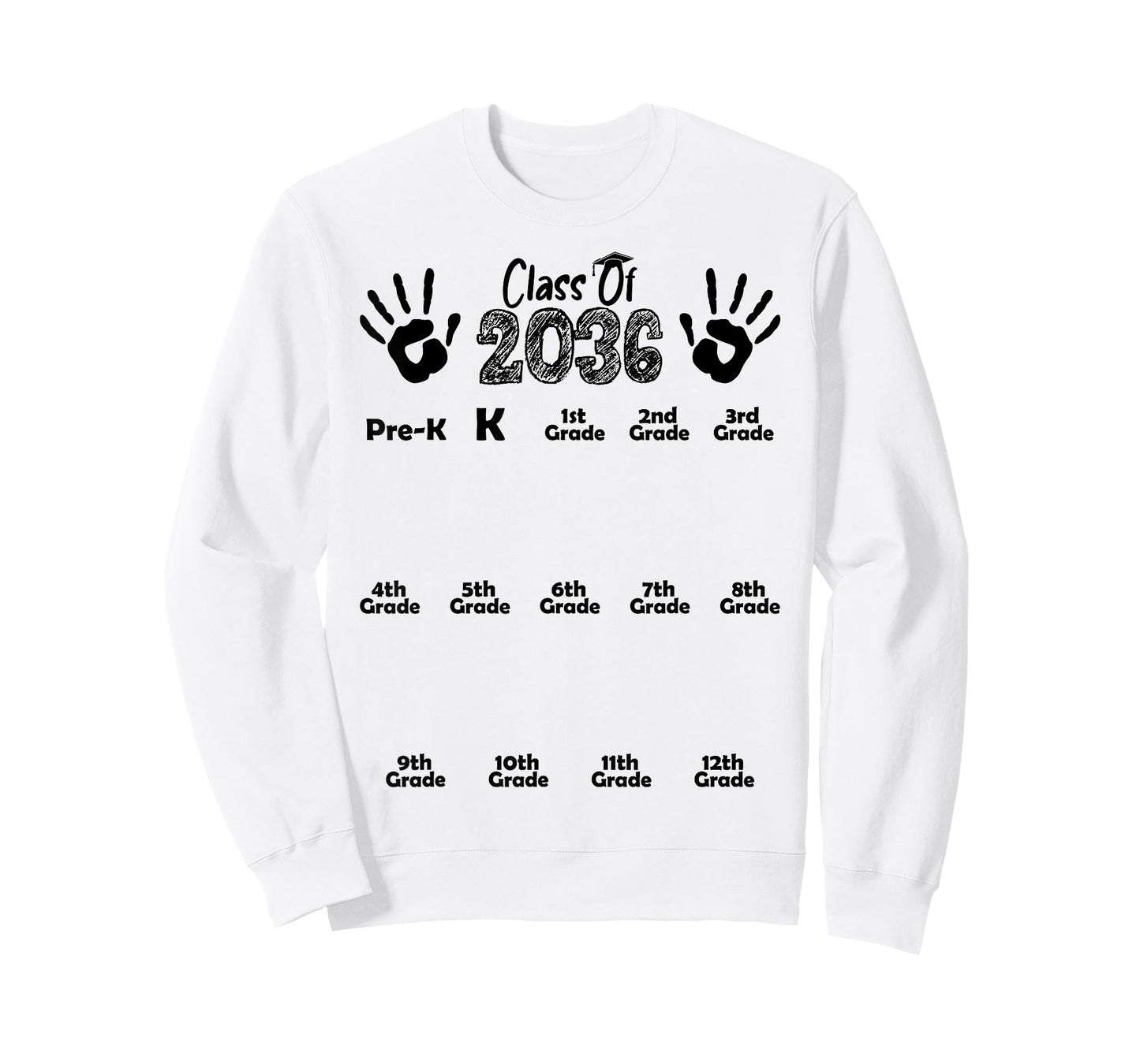 Class of 2036 Grow With Me White Handprint Pre-K 12th Grade T-Shirt