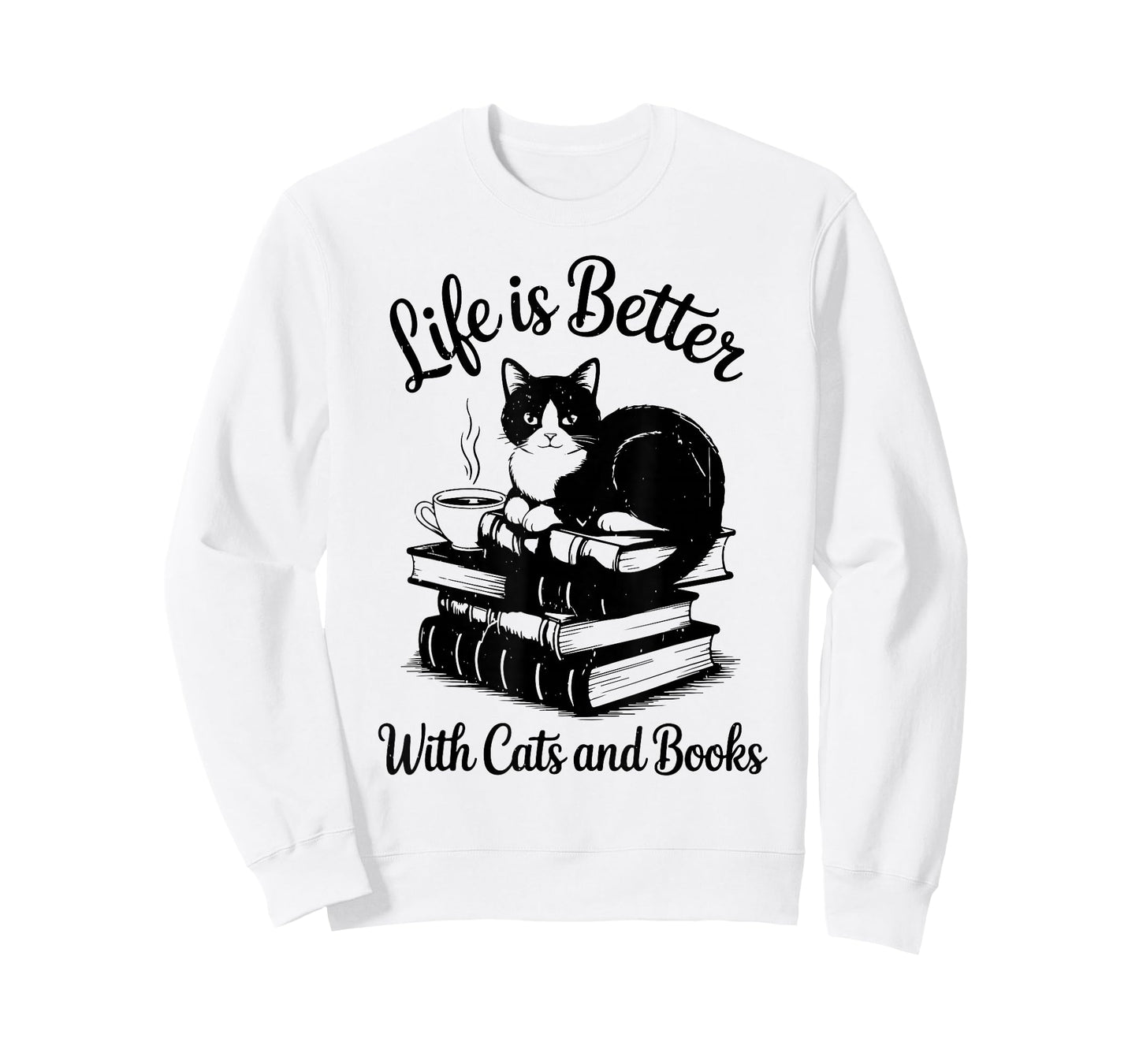 Life is Better with Cats & Books Funny Tuxedo Cat Mom Women T-Shirt