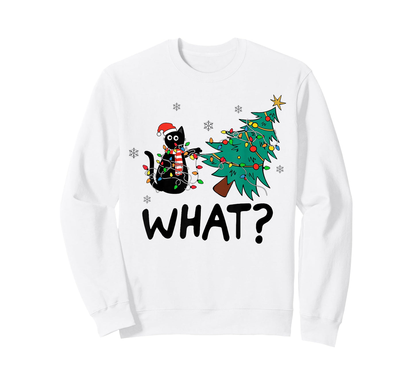 Funny Black Cat Gift Pushing Christmas Tree Over Cat What? T-Shirt
