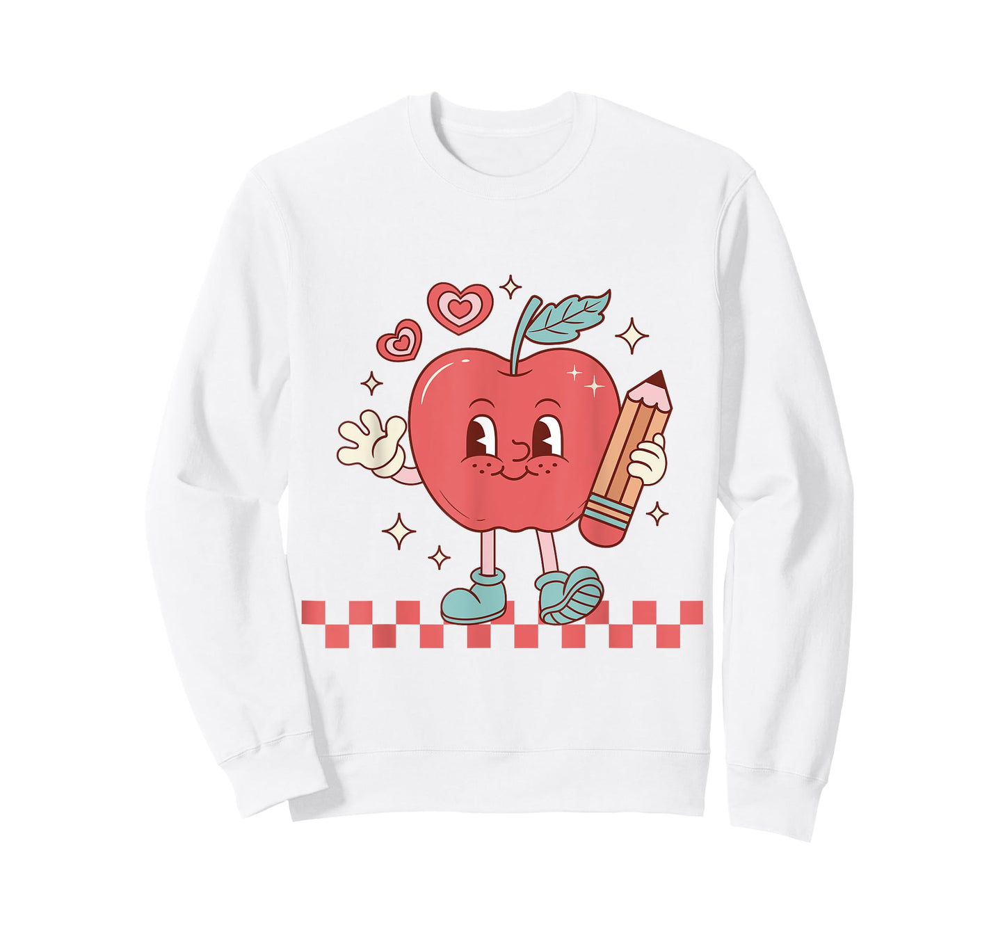 Cute Retro Checkered Apple with Face Teacher Pencil Trendy T-Shirt