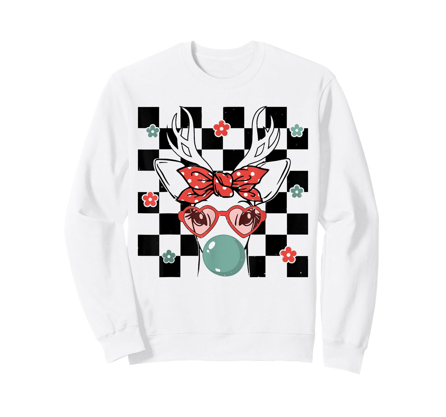 Cute Reindeer Wearing Glasses Bubblegum Checkered Christmas T-Shirt