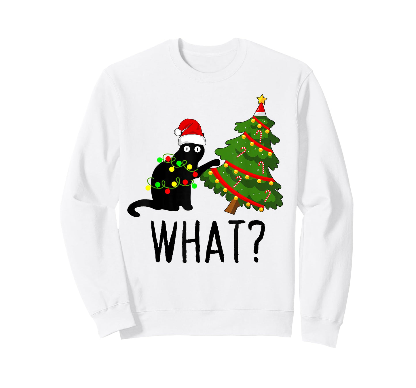 Black Cat Pushing Christmas Tree Over Cat What? Cat Shenanig T-Shirt for Men Women Kids