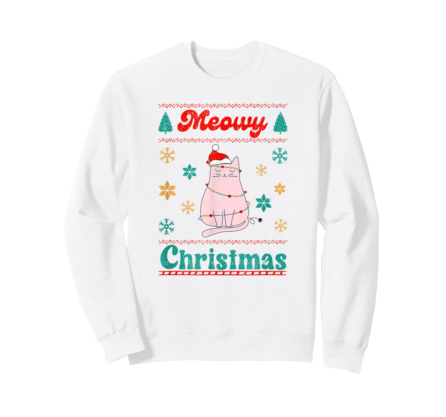 Meowy Catmas Christmas Cat in Santa Hat & Christmas Lights T-Shirt