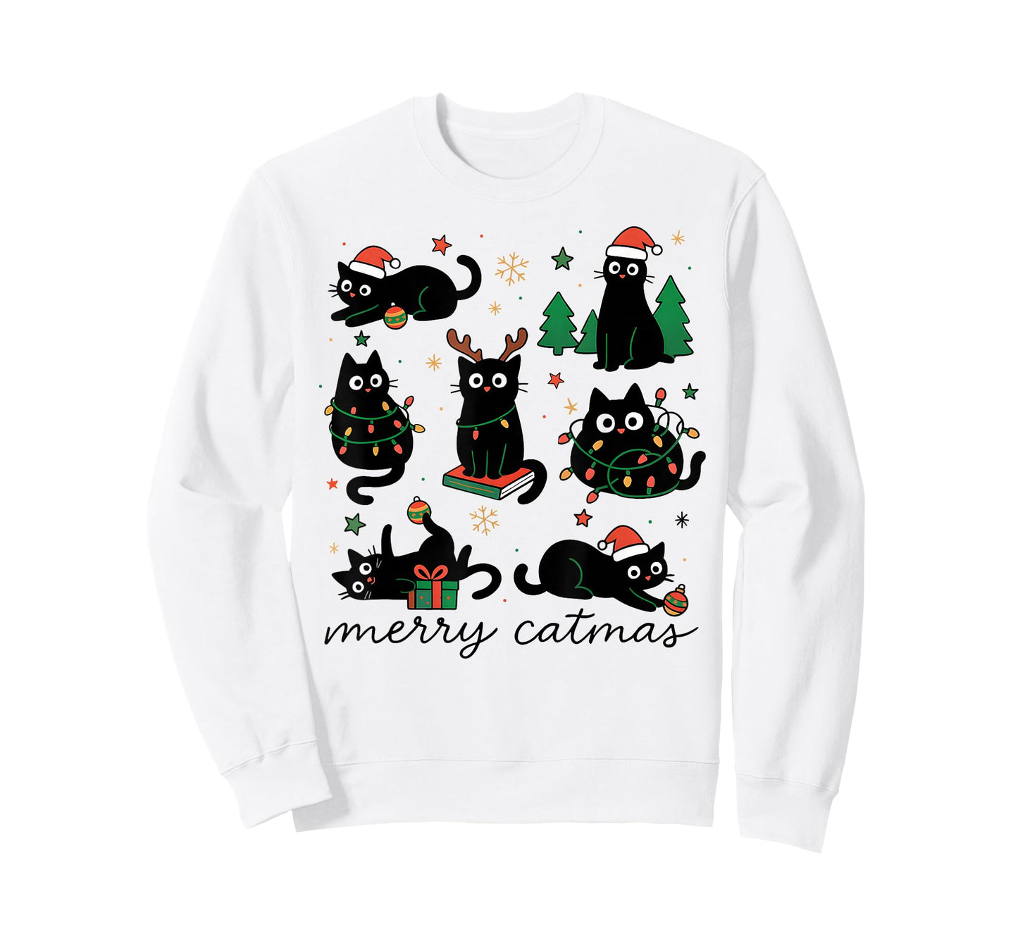 Cute Merry Catmas Cat Lover Christmas Light Pajama Santa Hat T-Shirt