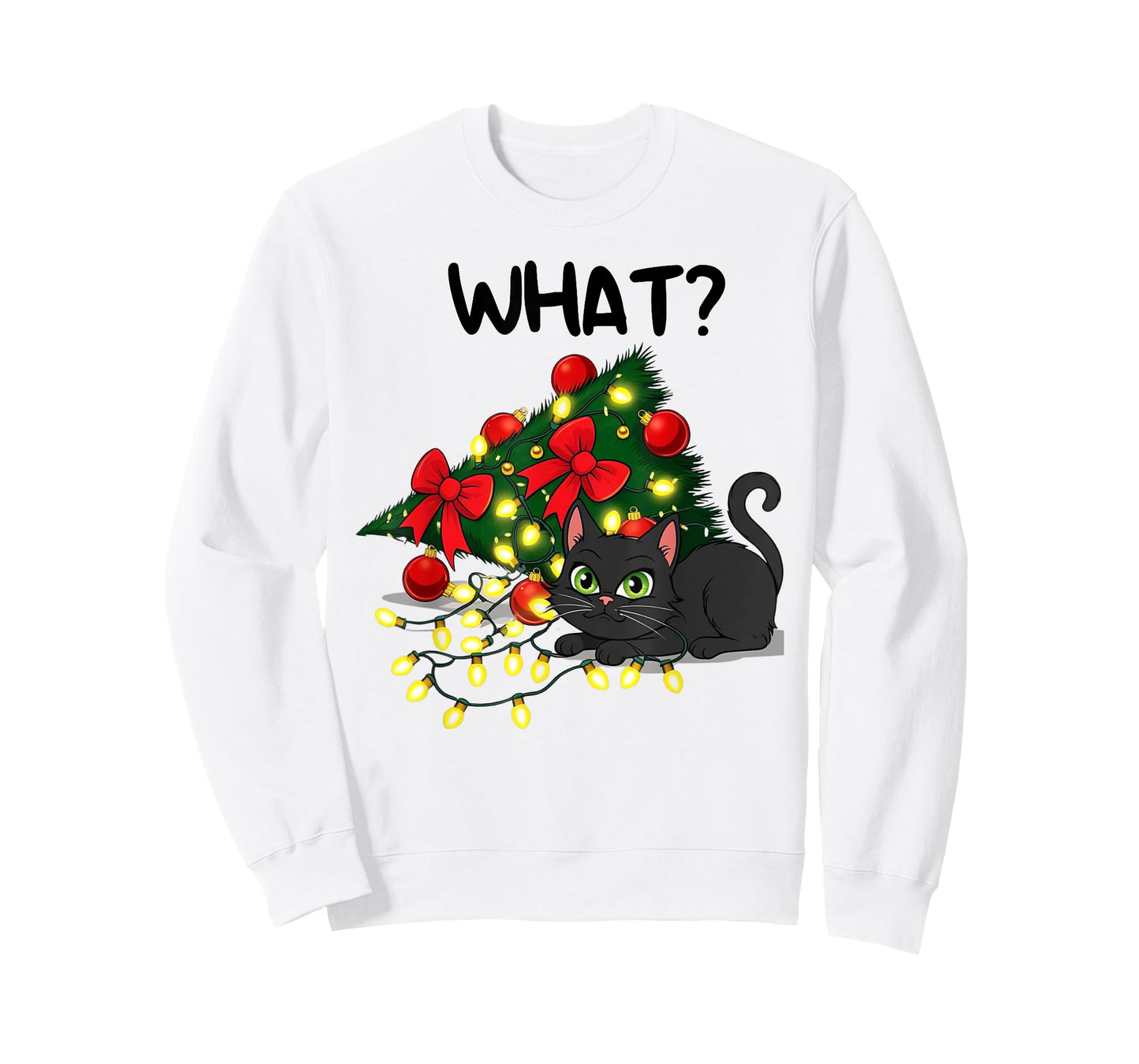Funny Black Cat Pushing Christmas Tree Over Cat What? Xmas T-Shirt