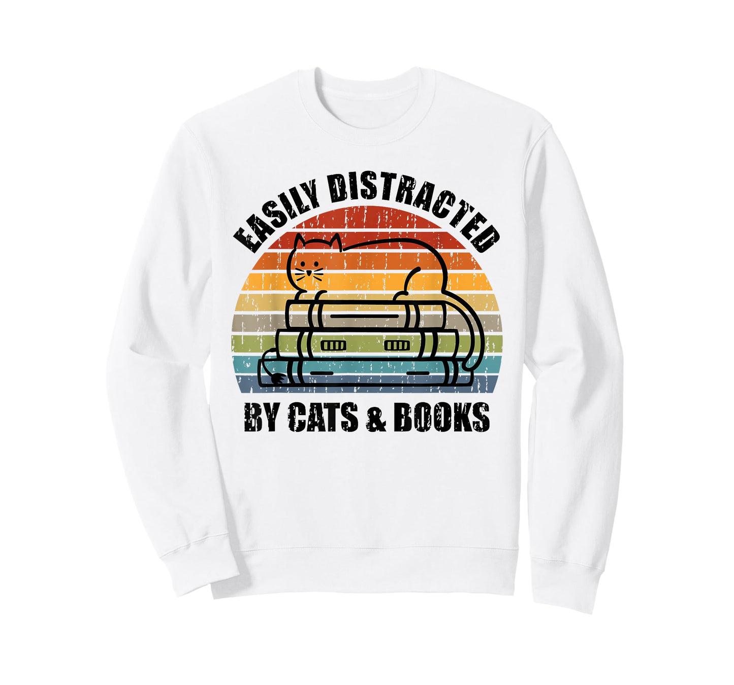 Easily Distracted by Cats and Books - Retro Cat & Book Lover T-Shirt