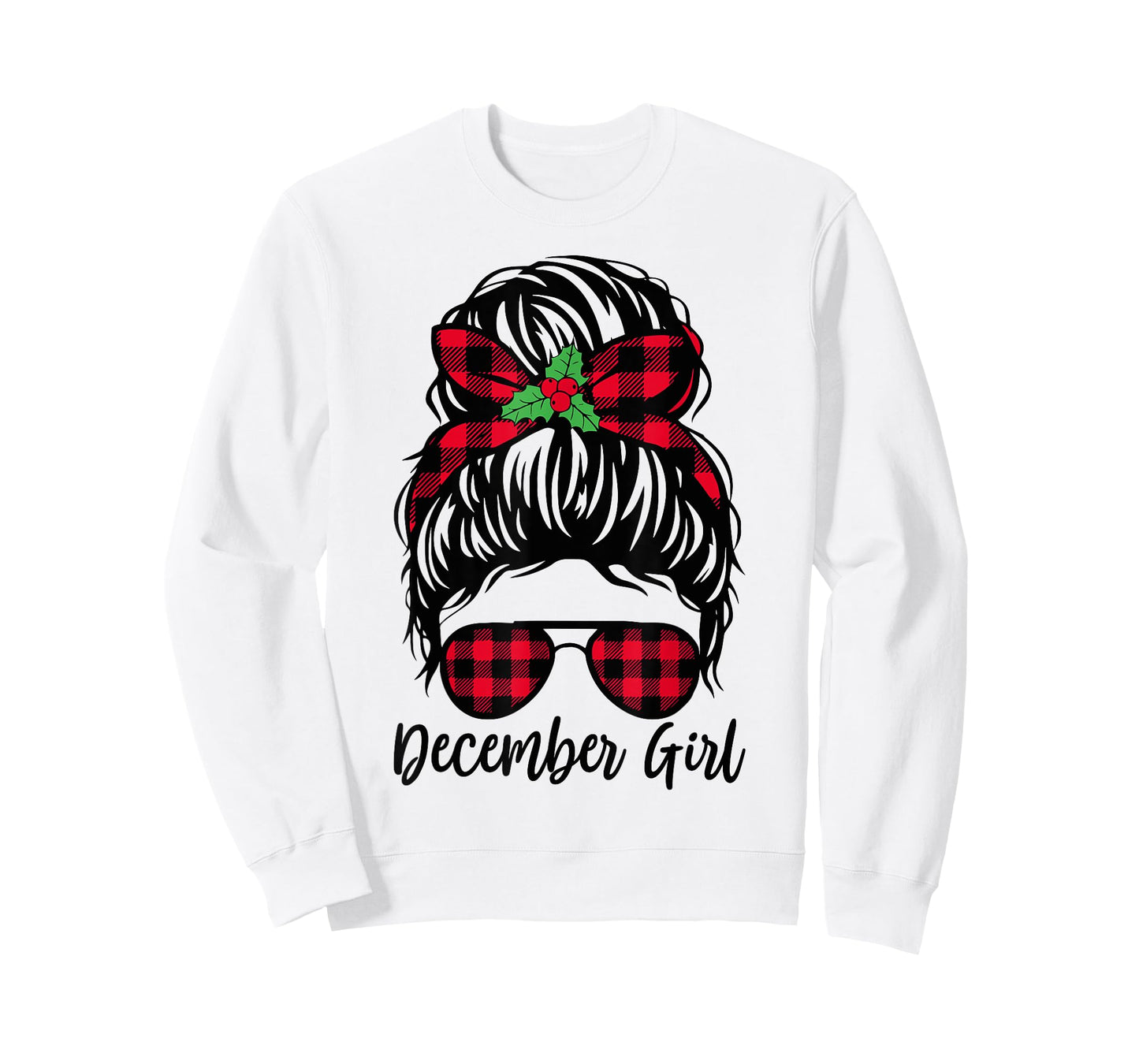 December Girl Messy Bun Buffalo Plaid Christmas Birthday T-Shirt