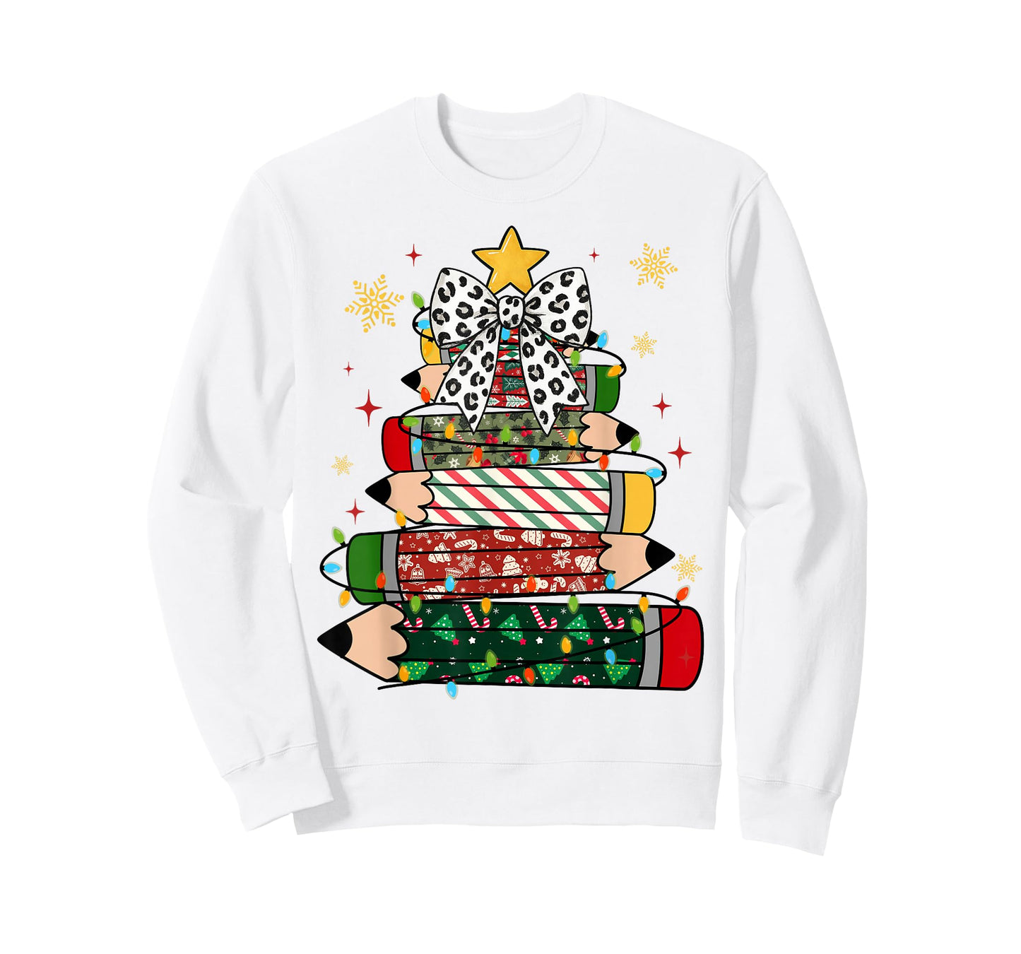 Teacher Christmas Tree Lights Pencil Leopard Print Cute Bow T-Shirt