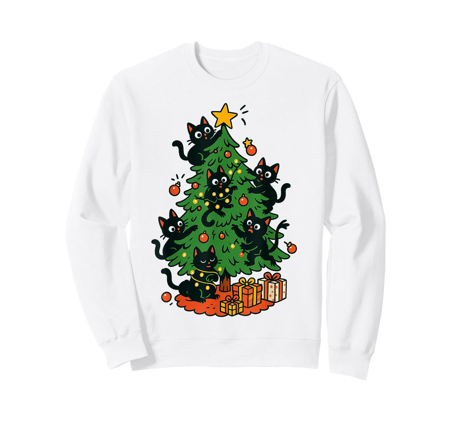 Christmas Black Cats Climbing Tree Funny Holiday Lights T-Shirt
