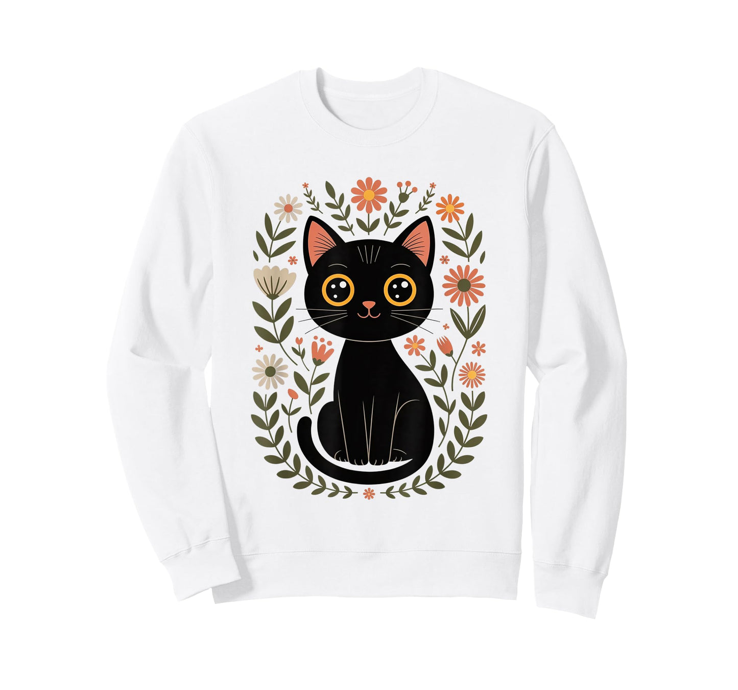 Cute Black Cat Floral Botanical Flowers Kitten Love T-Shirt