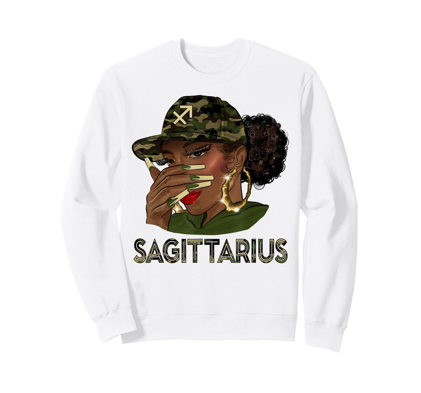 Sagittarius Queen Black Girl With Cap Camo Afro Woman Zodiac T-Shirt