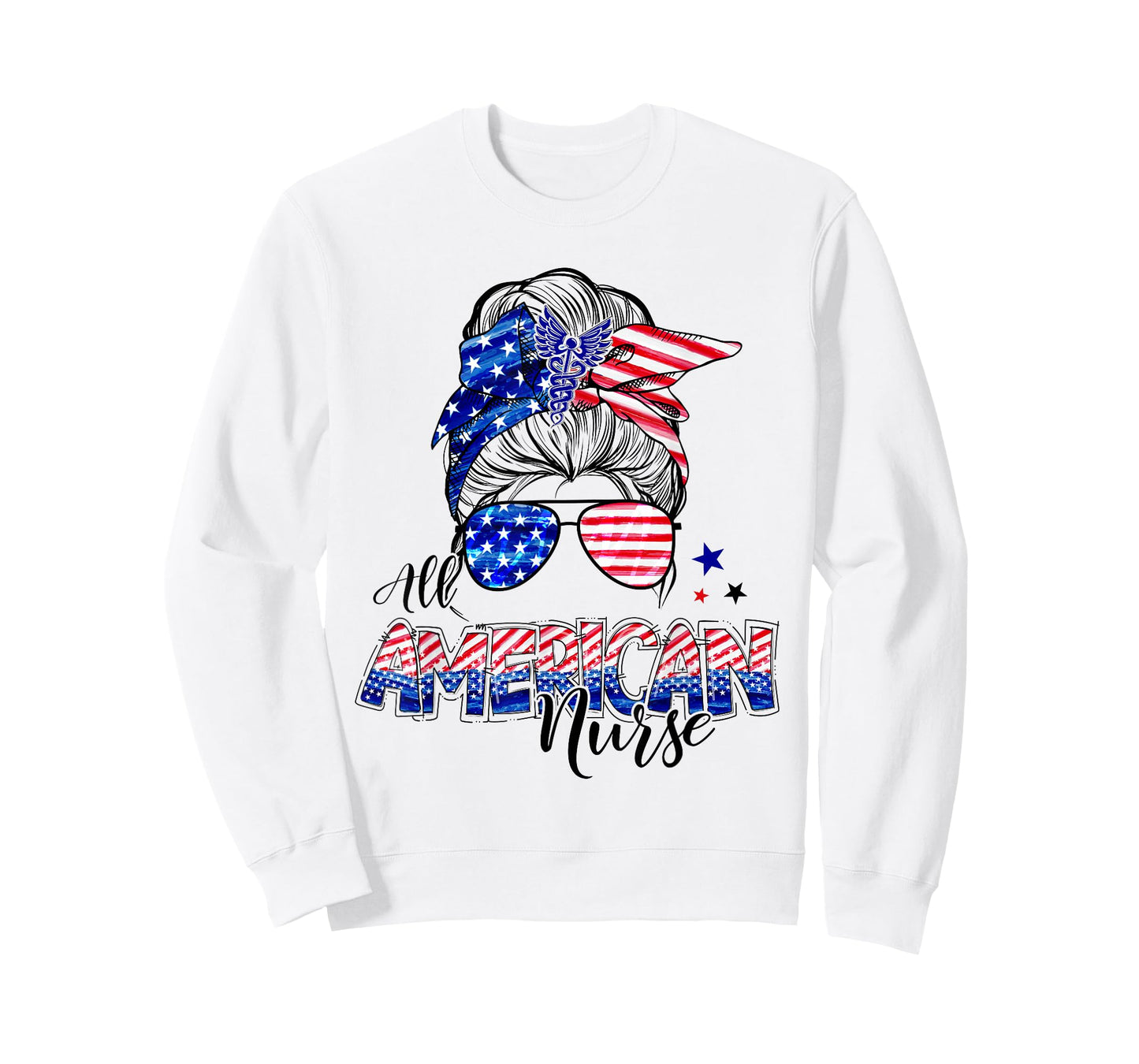American Flag Patriotic Nurse Messy Bun 4th Of July T-Shirt