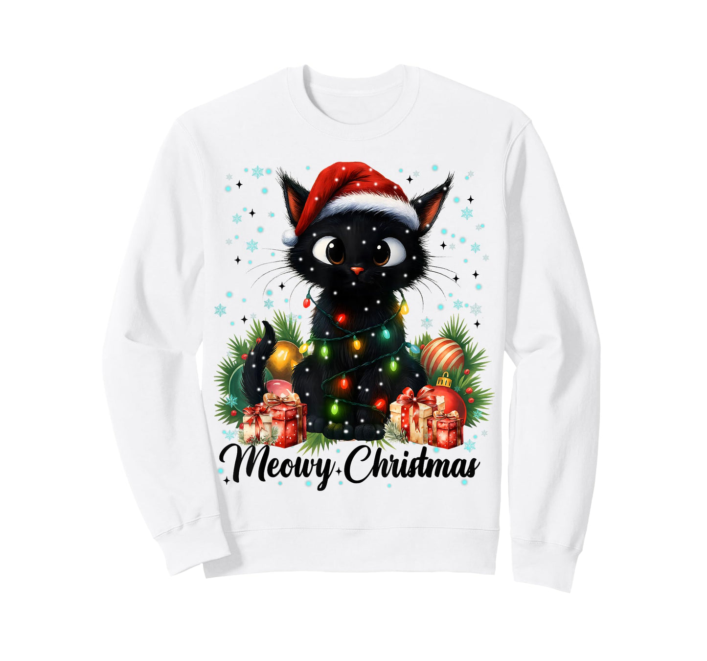 Moewy Christmas Black Cute Cat Santa Hat Xmas Women Girl T-Shirt