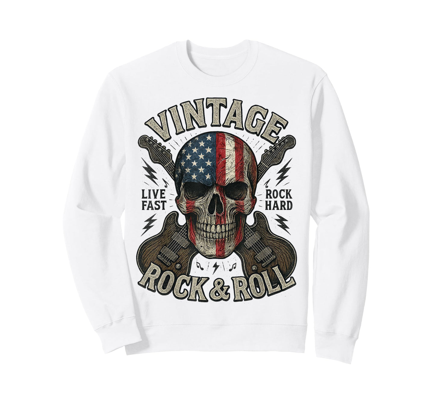 Vintage Rock Skull American Flag Guitar Retro Rock and Roll T-Shirt