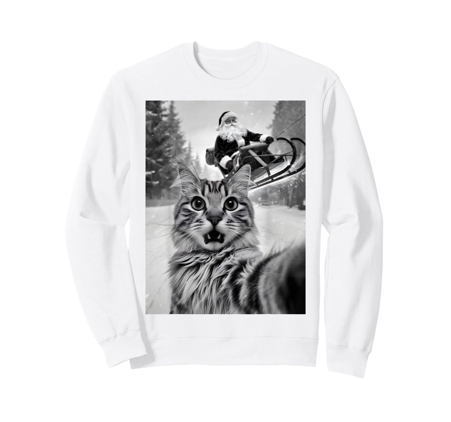 Christmas Cat Selfie With Santa Claus Sleigh Merry X-Mas Men Women Kids T-Shirt