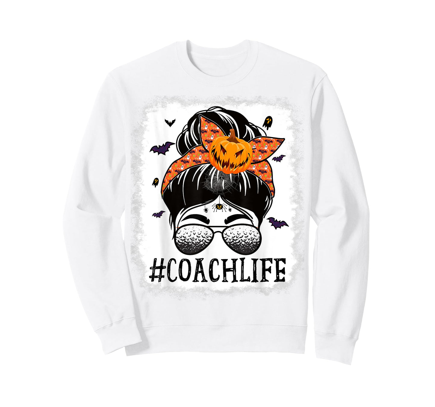 Coach Messy Bun Spooky Pumpkin Bat Orange Halloween Costume T-Shirt