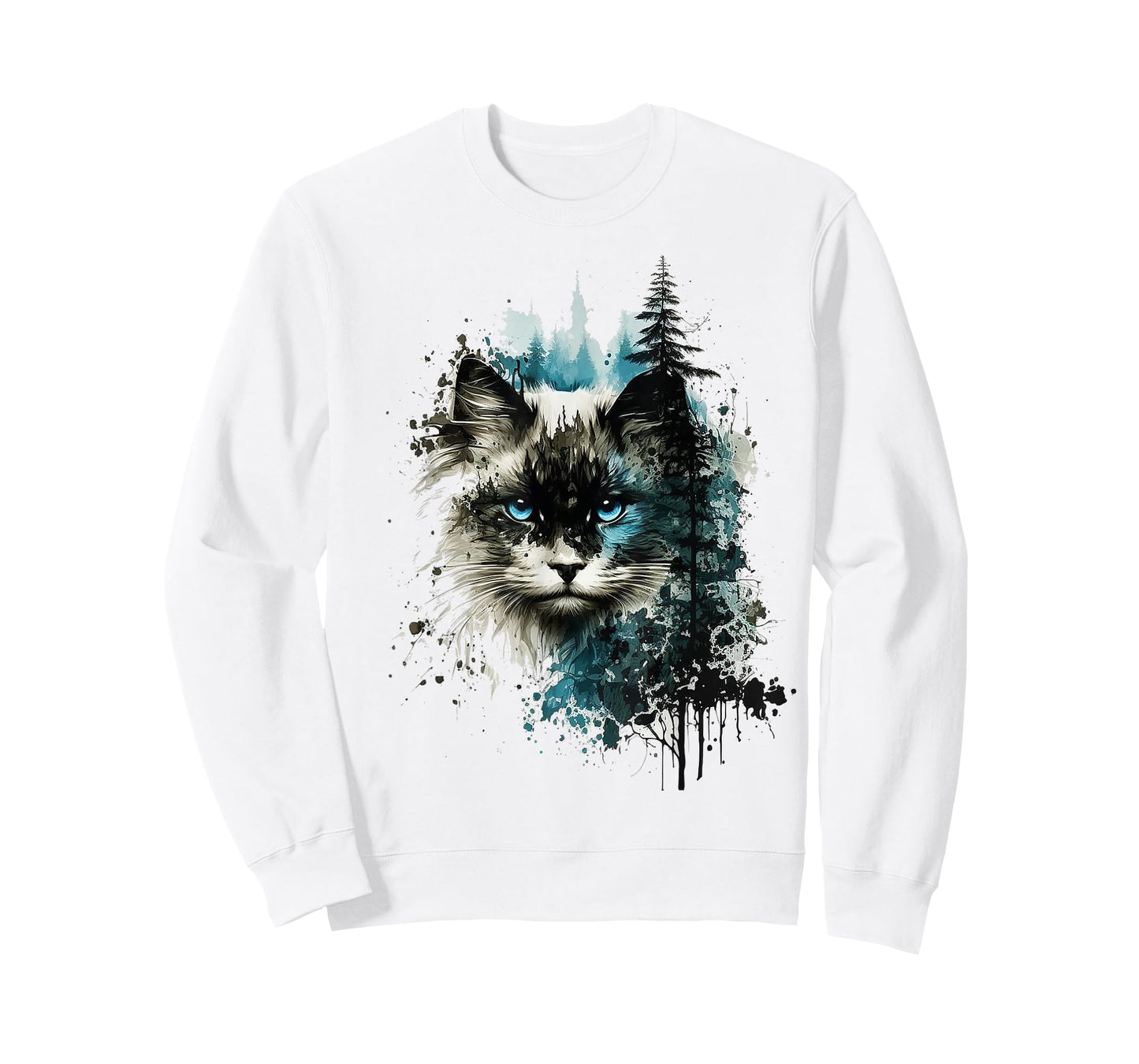 Cat Blue Eyes Cat Motif Art Forest Animal Cat T-Shirt