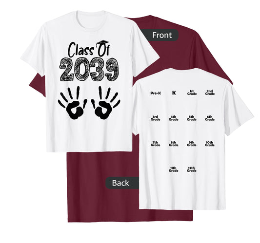 Class of 2039 Grow With Me Shirt Handprint On Back Pre-K T-Shirt