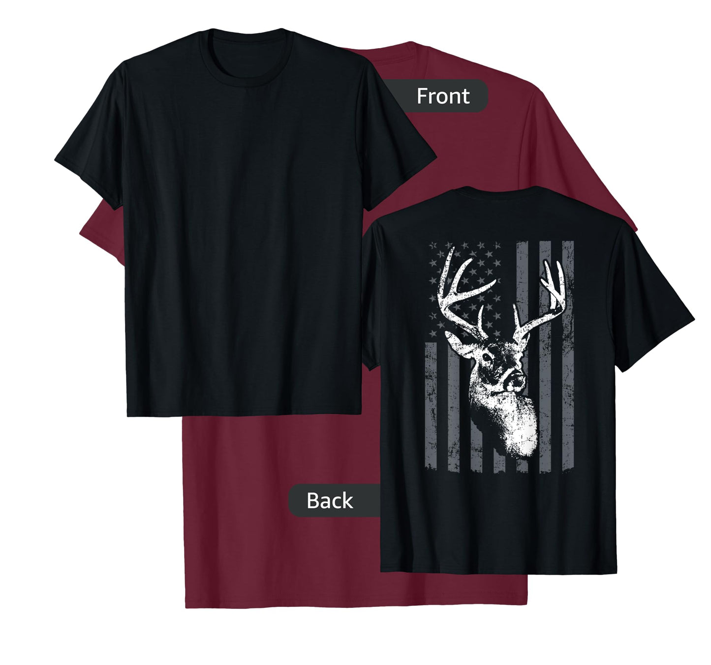 Whitetail Buck Deer Hunting USA Grey American Flag - ON BACK Women Kids Men T-Shirt