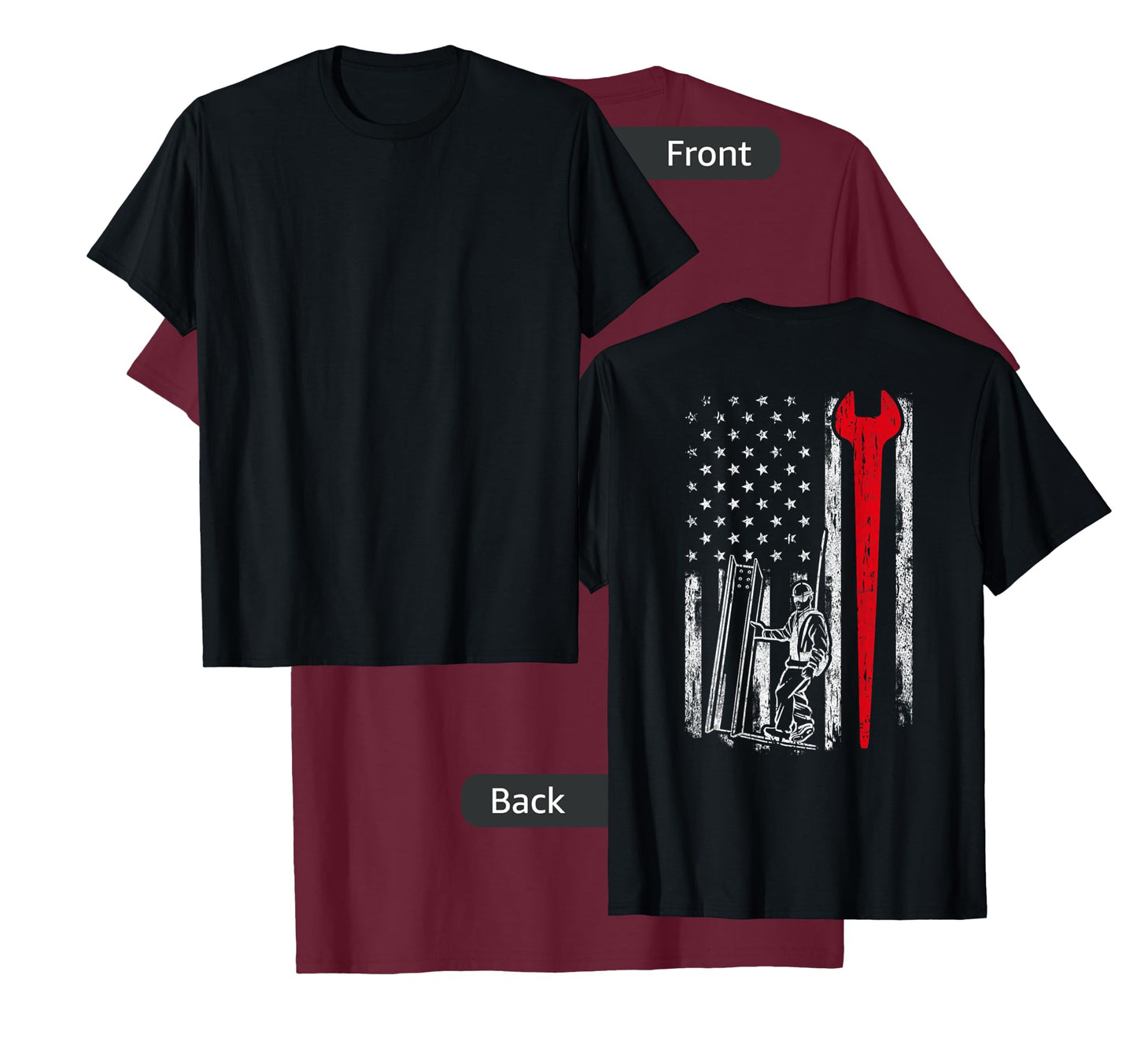 American USA Flag Ironworker Design On Back Vintage Novelty T-Shirt