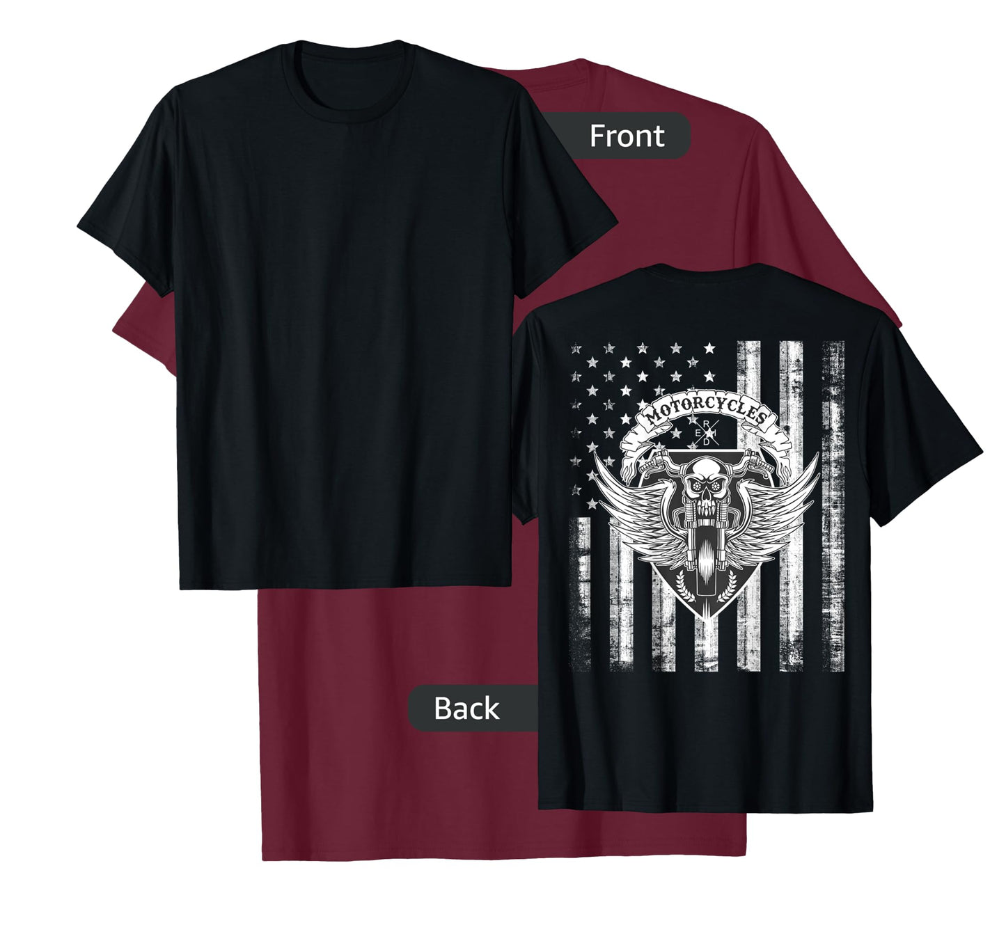 Biker Motorcycle Skull Distressed USA Flag Grunge - on Back T-Shirt