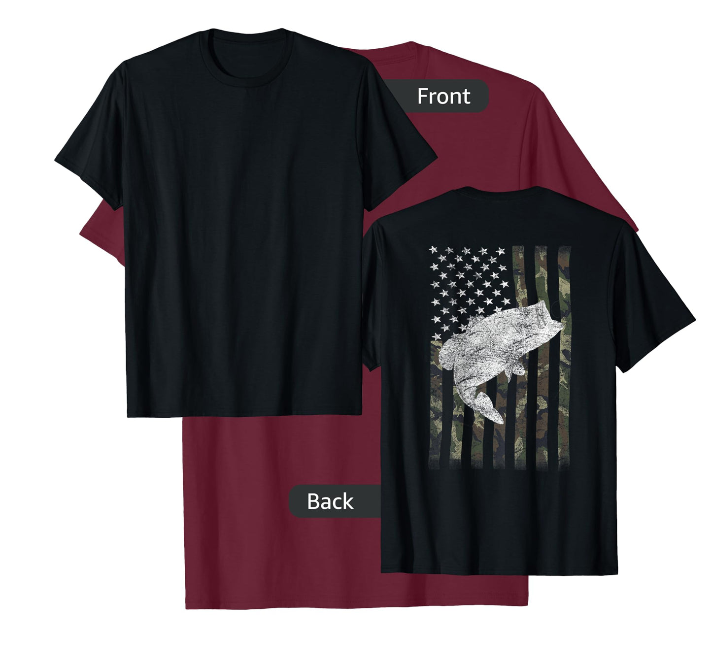 Bass Fishing American Camo USA Flag for Fisherman (on Back) T-Shirt Small