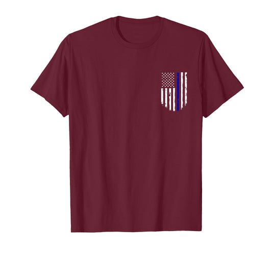 Thin Blue Line Flag T-Shirt Chest Pocket Vintage Top Tee