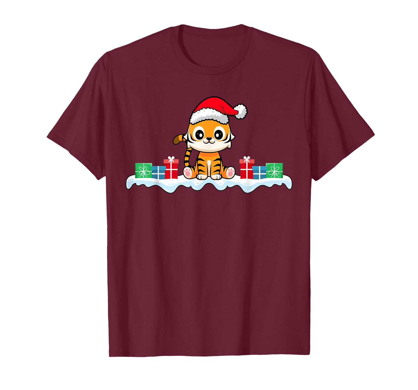 Kawaii Tiger Wearing Santa Hat Xmas Tiger Lover Christmas T-Shirt