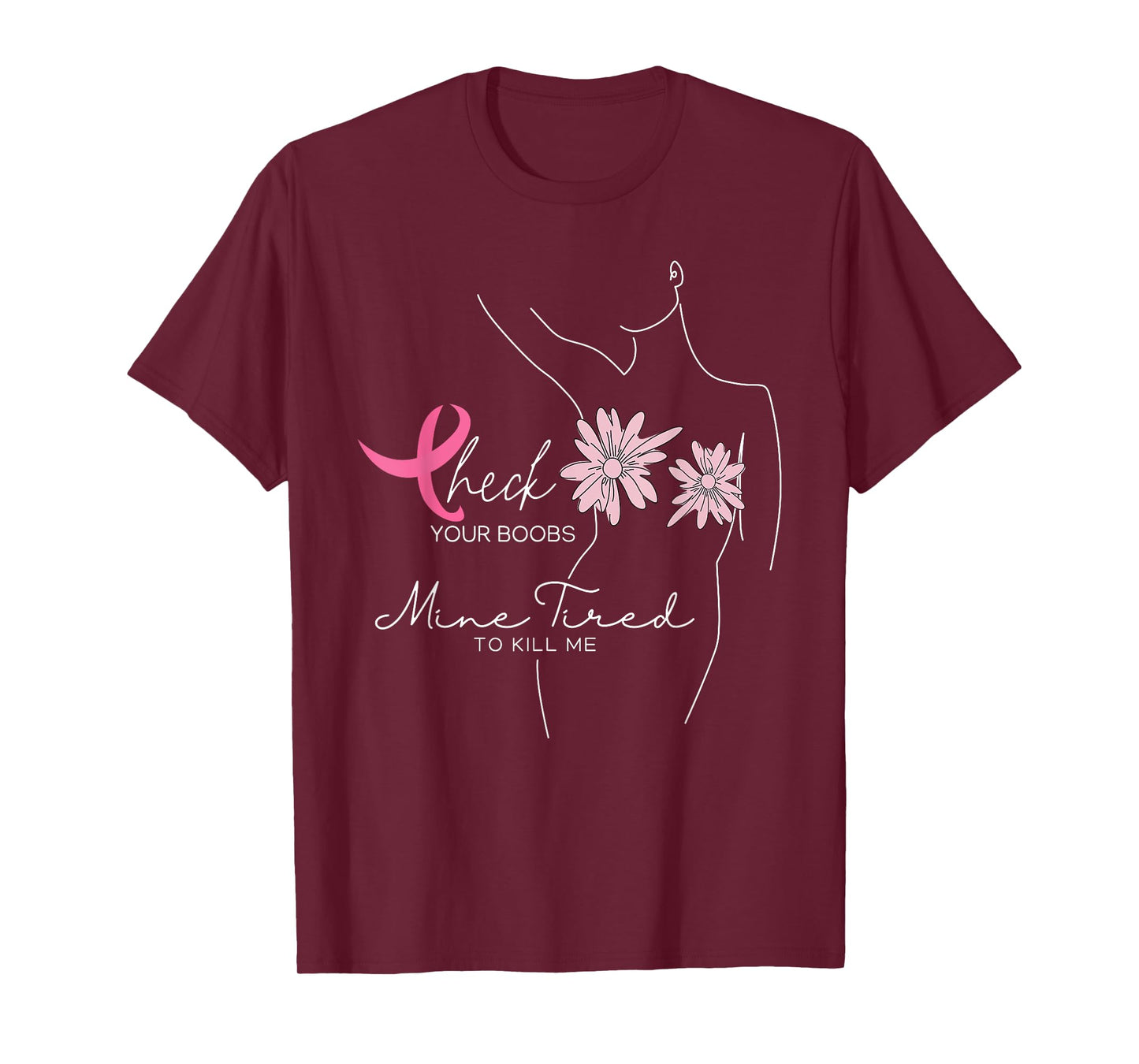 Check Your Boobs Mine Tried To Kill Me Halloween Pink Ribbon T-Shirt