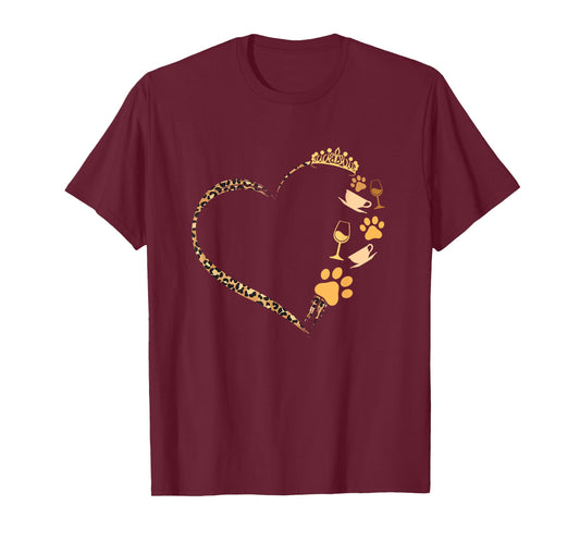 Cute Dogs Paw Crown Wine Coffee Leopard Print Heart T-Shirt